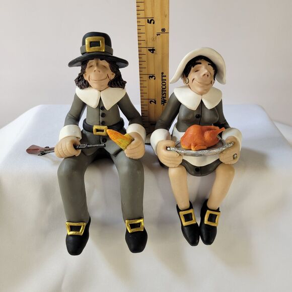 Set 2 D Manning Thanksgiving Shelf Sitter Pilgrims Man Woman Rifle Clay Figures - Picture 9 of 14
